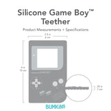 Illustration of the Bumkins Silicone Teether: Game Boy™ for baby teething relief, measuring 10x6x0.7 cm.