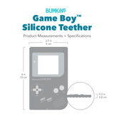 Bumkins Silicone Teether: Game Boy™ with dimensions—width: 2.5 in (6 cm), height: 4 in (10 cm), depth: 0.3 in (0.8 cm).