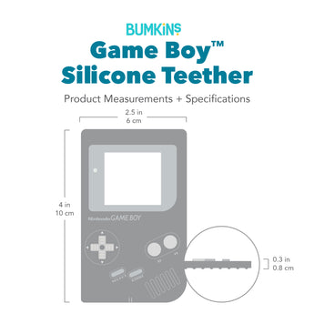 Bumkins Silicone Teether: Game Boy™ with dimensions—width: 2.5 in (6 cm), height: 4 in (10 cm), depth: 0.3 in (0.8 cm).