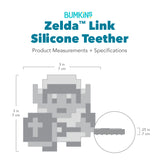 Bumkins Silicone Zelda™ Link Teether with dimensions—width: 3 in (7 cm), height: 3 in (7 cm), charm height: .25 in (.7 cm).