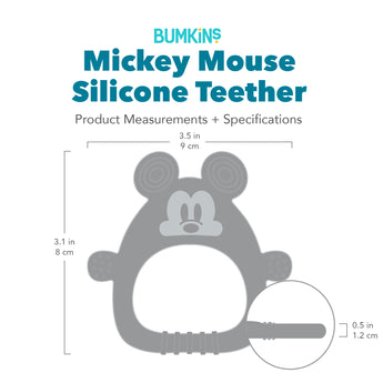 Bumkins Silicone Flat Teether: Mickey Mouse with dimensions—width: 3.5 in (9 cm), height: 3.1 in (8 cm), depth: 0.5 in (1.2 cm).
