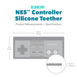 Bumkins Silicone Teether: NES™ Controller with dimensions—width: 4.6 in (12 cm), height: 2 in (5 cm), depth: 0.3 in (0.8 cm).