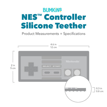 Bumkins Silicone Teether: NES™ Controller with dimensions—width: 4.6 in (12 cm), height: 2 in (5 cm), depth: 0.3 in (0.8 cm).