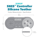 Bumkins Silicone Teether: Nintendo SNES™ Controller with dimensions—width: 4.6 in (12 cm), height: 2 in (5 cm), depth: 0.3 in (0.8 cm).