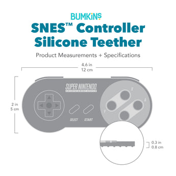 Bumkins Silicone Teether: Nintendo SNES™ Controller with dimensions—width: 4.6 in (12 cm), height: 2 in (5 cm), depth: 0.3 in (0.8 cm).