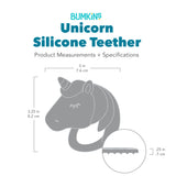 Gray silhouette of Bumkins Silicone Unicorn Teether with dimensions—width: 3 in (7.6 cm), height: 3.25 in (8.2 cm), charm height: .25 in (.7 cm).