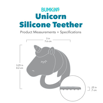 Gray silhouette of Bumkins Silicone Unicorn Teether with dimensions—width: 3 in (7.6 cm), height: 3.25 in (8.2 cm), charm height: .25 in (.7 cm).