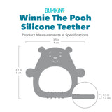 Bumkins Silicone Flat Teether: Winnie the Pooh with dimensions—width: 3.5 in (9 cm), height: 3.1 in (8 cm), depth: 0.5 in (1.2 cm).