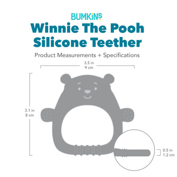 Bumkins Silicone Flat Teether: Winnie the Pooh with dimensions—width: 3.5 in (9 cm), height: 3.1 in (8 cm), depth: 0.5 in (1.2 cm).