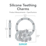 Diagram of Bumkins Silicone Teething Charms: Blue made from food-safe silicone, 3.25 wide x 2.25 high.