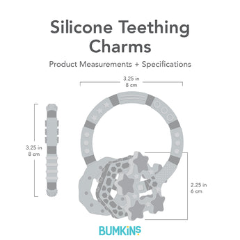 Diagram of Bumkins Silicone Teething Charms: Blue made from food-safe silicone, 3.25 wide x 2.25 high.