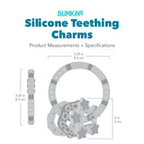 Gray silhouette of Bumkins Silicone Teething Charms with dimensions—ring: 3.5 in (8.3 cm) by 3.5 in (8.3 cm), charm height: 2 in (5 cm).