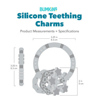 Gray silhouette of Bumkins Silicone Teething Charms with dimensions—ring: 3.5 in (8.3 cm) by 3.5 in (8.3 cm), charm height: 2 in (5 cm).