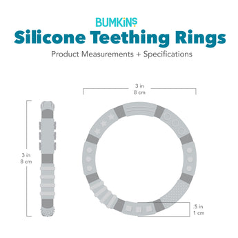 Gray silhouette of Bumkins Silicone Teething Rings with dimensions—width: 3 in (8 cm), height: 3 in (8 cm), depth: 0.5 in (1 cm).