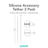 Bumkins Silicone Accessory Tether 2-Pack with dimensions—width: .25 in (.5 cm), height: 25 in (63 cm), suction cup width: 1 in (3 cm).