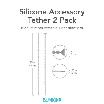 Bumkins Silicone Accessory Tether 2-Pack with dimensions—width: .25 in (.5 cm), height: 25 in (63 cm), suction cup width: 1 in (3 cm).