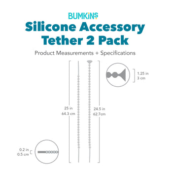 Bumkins Silicone Accessory Tether 2-Pack with dimensions—width: .2 in (.5 cm), height: 25 in (64.3 cm), suction cup width: 1.25 in (3 cm).