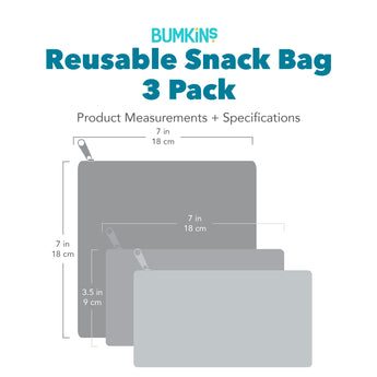 Bumkins Reusable Snack Bag, 3-Pack with dimensions—small bags: 7 in (18 cm) by 4 in (10 cm), large bag: 7 in (18 cm) by 7 in (18 cm).