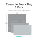 Illustration of three gray, machine washable 7 sandwich bags. Waterproof fabric by Bumkins. Product: Zelda™ Reusable Snack Bag, 3-Pack.