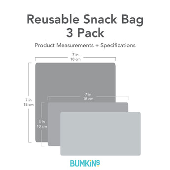Illustration of three gray, machine washable 7 sandwich bags. Waterproof fabric by Bumkins. Product: Zelda™ Reusable Snack Bag, 3-Pack.