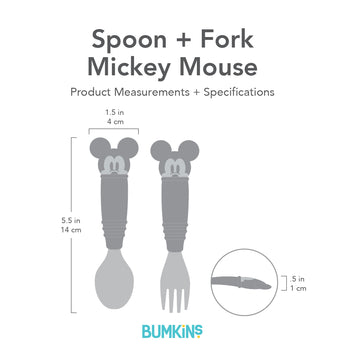 Bumkins Spoon + Fork Mickey Mouse set is food-safe silicone. Gray, spoon 5.5x1.5 in., fork 5.5x1 in.—perfect for toddlers!.