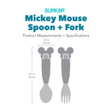 Gray silhouette of Bumkins Spoon + Fork Mickey Mouse with dimensions—width: 1.5 in (3.8 cm), height: 5.5 in (14 cm).