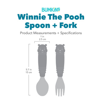 Gray silhouette of Bumkins Spoon + Fork: Winnie the Pooh with dimensions—width: 1 in (2.5 cm), height: 5.7 in (15 cm).