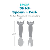 Gray silhouette of Bumkins Spoon + Fork: Stitch with dimensions—width: 1.4 in (3.5 cm), height: 5.6 in (14.5 cm).