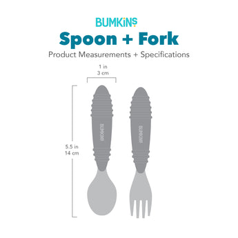 Gray silhouette of Bumkins Spoon + Fork with dimensions—width: 1 in (3 cm), height: 5.5 in (14 cm).