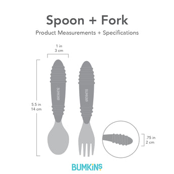 Illustration of Bumkins Spoon + Fork: Marble, measuring 5.5 in/14 cm long, 1 in/3 cm wide, and handle 0.75 in/2 cm thick.