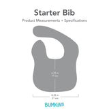 Diagram of Starter Bib (6.75x8.25) in waterproof fabric. Product: Starter Bib 2 Pack by Bumkins, features Dinosaurs & Blue Tropic designs.