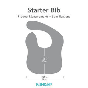 Diagram of Starter Bib (6.75x8.25) in waterproof fabric. Product: Starter Bib 2 Pack by Bumkins, features Dinosaurs & Blue Tropic designs.