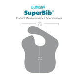 Gray silhouette of Bumkins SuperBib® with dimensions—width: 12 in (30 cm), height from neck: 8.5 in (22 cm)