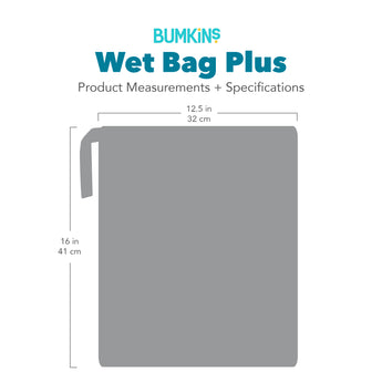 Gray silhouette of Bumkins Wet Bag Plus with dimensions—width: 12.5 in (32 cm), height: 16 in (41 cm).