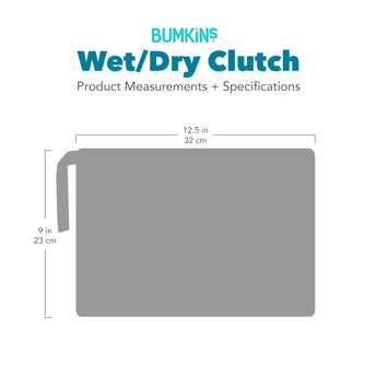 Gray silhouette of Bumkins Wet/Dry Clutch with dimensions—width: 12.5 in (32 cm), height: 9 in (23 cm).