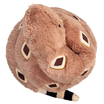 A fuzzy coiled Plush, Rattlesnake toy by Squishable for snake girls, featuring brown and cream diamonds and a striped tail.