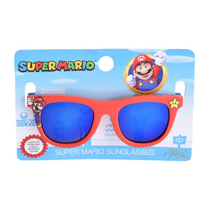 Arkaid Sunglasses, Super Mario: red sunglasses with blue lenses & Super Mario illustrations on Super Mario themed packaging card.