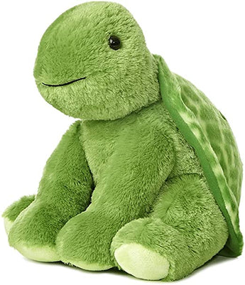Auroras Plush Turtle is a cuddly, non-toxic toy with a gentle smile and sitting upright.
