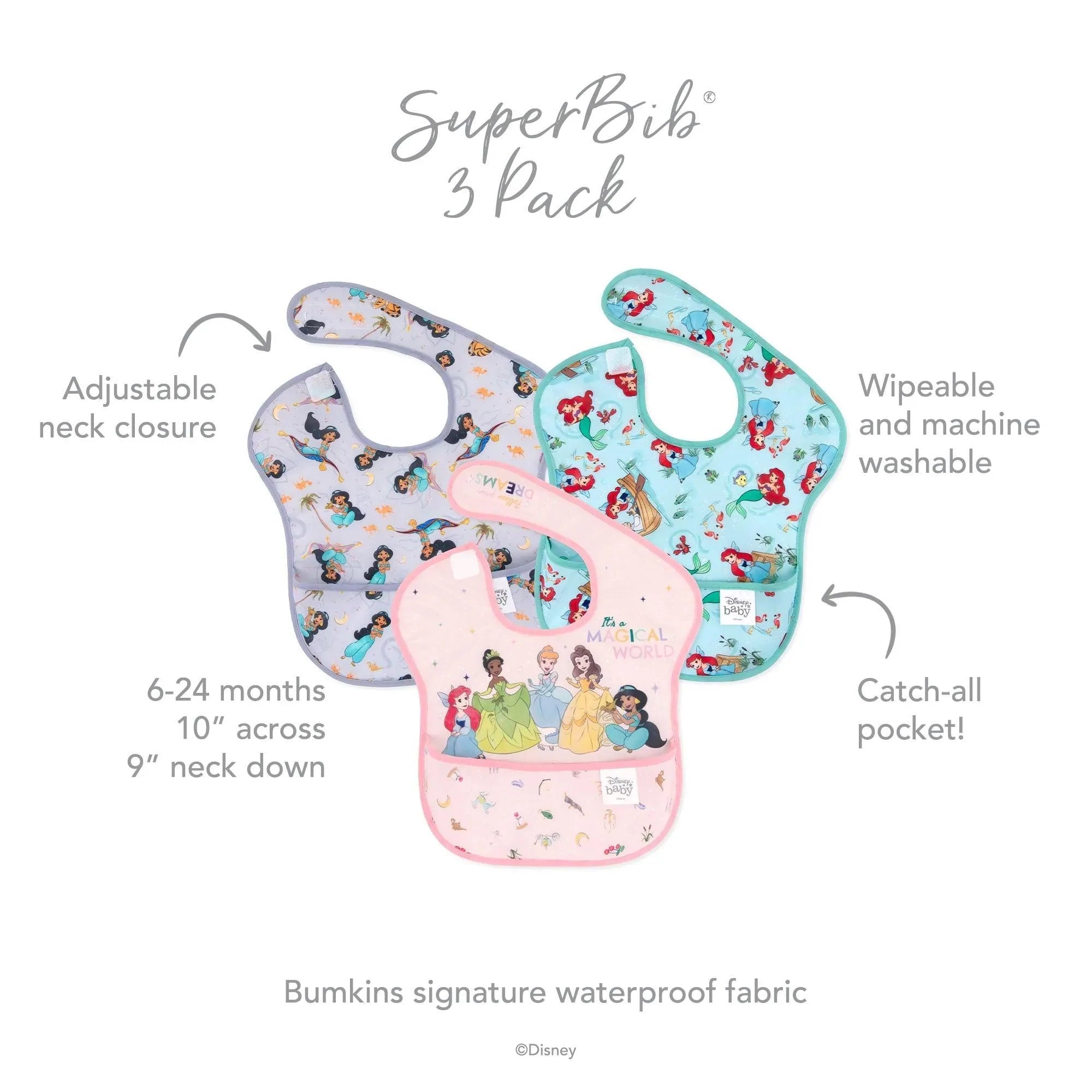 SuperBib® 3-Pack: Magical World, Ariel, and Jasmine - Bumkins