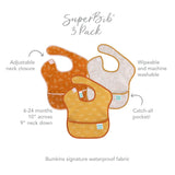 Infographic of Bumkins SuperBib® 3 Pack: Bumkins signature waterproof fabric, adjustable neck closure, catch-all pocket, 6-24 months.
