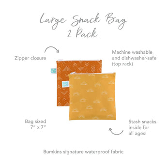 Infographic of Bumkins Large Snack Bag 2 Pack: Bumkins signature waterproof fabric, zipper closure, machine washable and dishwasher-safe.