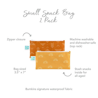 Infographic of Bumkins Small Snack Bag 2 Pack: Bumkins signature waterproof fabric, zipper closure, machine washable and dishwasher-safe.