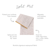 Infographic of Bumkins Splat Mat: Bumkins signature waterproof fabric, wipeable and machine washable, protect your surfaces from messes.