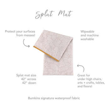Infographic of Bumkins Splat Mat: Bumkins signature waterproof fabric, wipeable and machine washable, protect your surfaces from messes.