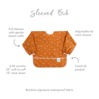 Infographic of Bumkins Sleeved Bib: Bumkins signature waterproof fabric, full sleeves, adjustable tie neck closure, catch-all pocket.