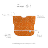 Infographic of Bumkins Junior Bib: Bumkins signature waterproof fabric, capped sleeves, adjustable neck closure, catch-all pocket, 1-3 years.