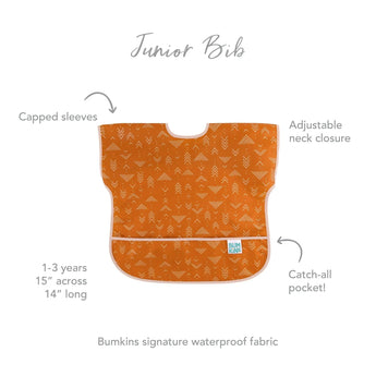 Infographic of Bumkins Junior Bib: Bumkins signature waterproof fabric, capped sleeves, adjustable neck closure, catch-all pocket, 1-3 years.