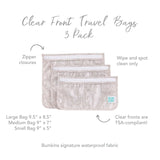 Infographic of Bumkins Clear Travel Bag 3-Pack: Bumkins signature waterproof fabric, clear fronts are TSA-compliant, zipper closures.