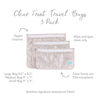 Infographic of Bumkins Clear Travel Bag 3-Pack: Bumkins signature waterproof fabric, clear fronts are TSA-compliant, zipper closures.