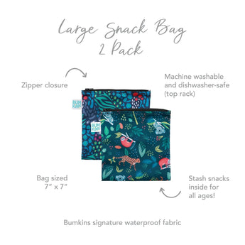 Bumkins 2-pack reusable snack bags in jungle prints have a zipper, are waterproof & machine-washable; each is 7x7.